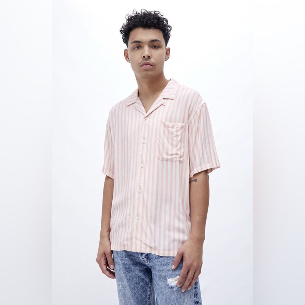 PACSUN‎ Powder Pink Stripe Camp Button Down Short Sleeve Tee | Small
